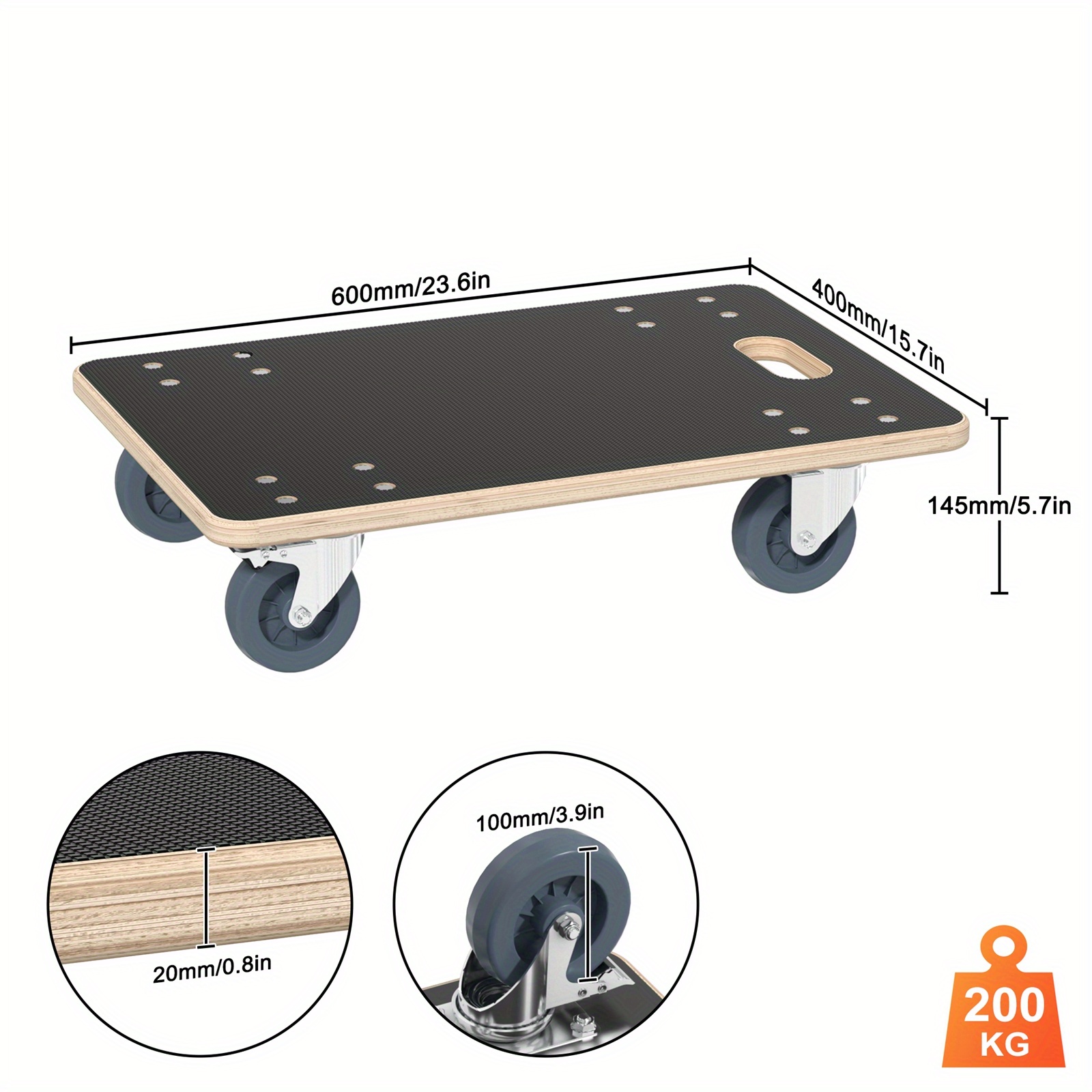 TEMU 60 X 40 X 14. 5cm Home Moving Dolly Transport Dolly Roller Roller Board Transport Roller Dolly With Brakes Indoor And Outdoor Use Load 200kg