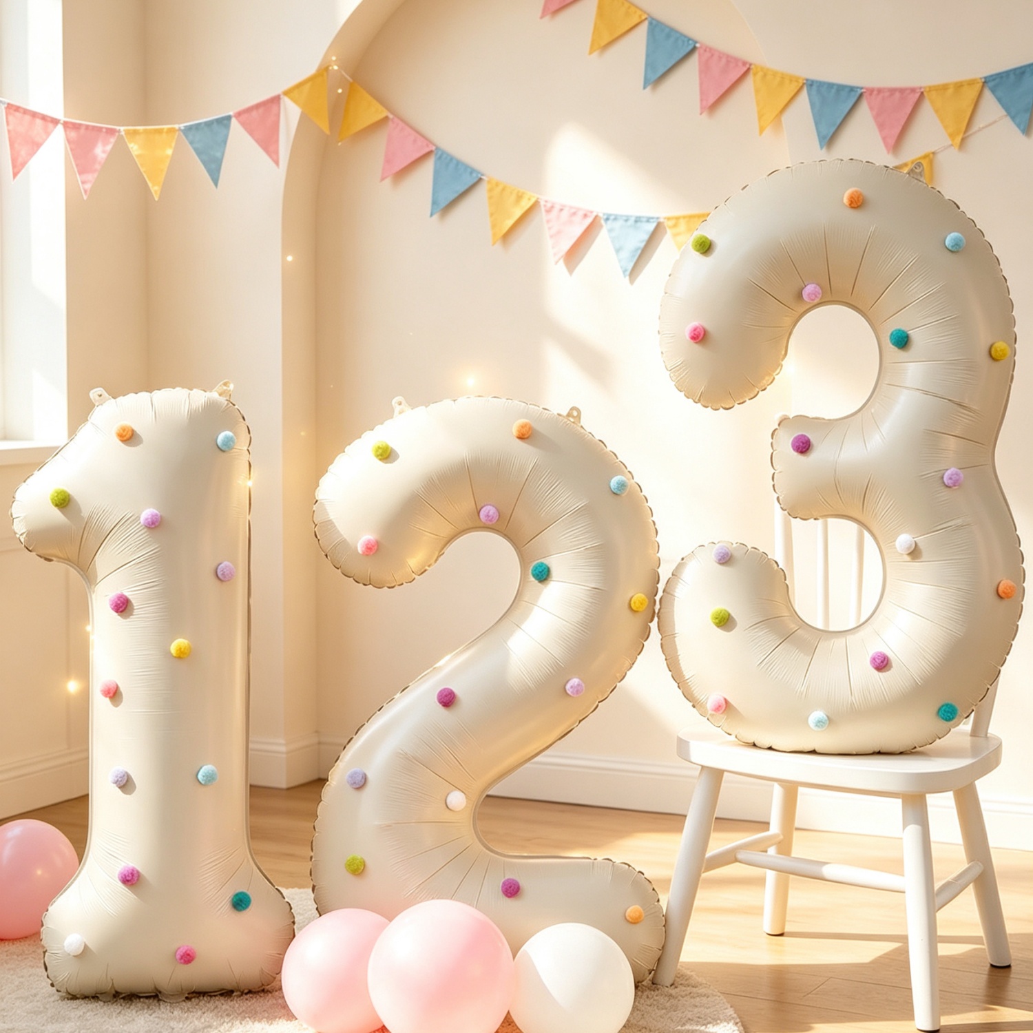 TEMU 1 Set 40 Inch Large Cream Colored Number Foil Balloons With Colorful Plush Balls, Suitable For Birthday Party Decoration, Shower, Gathering