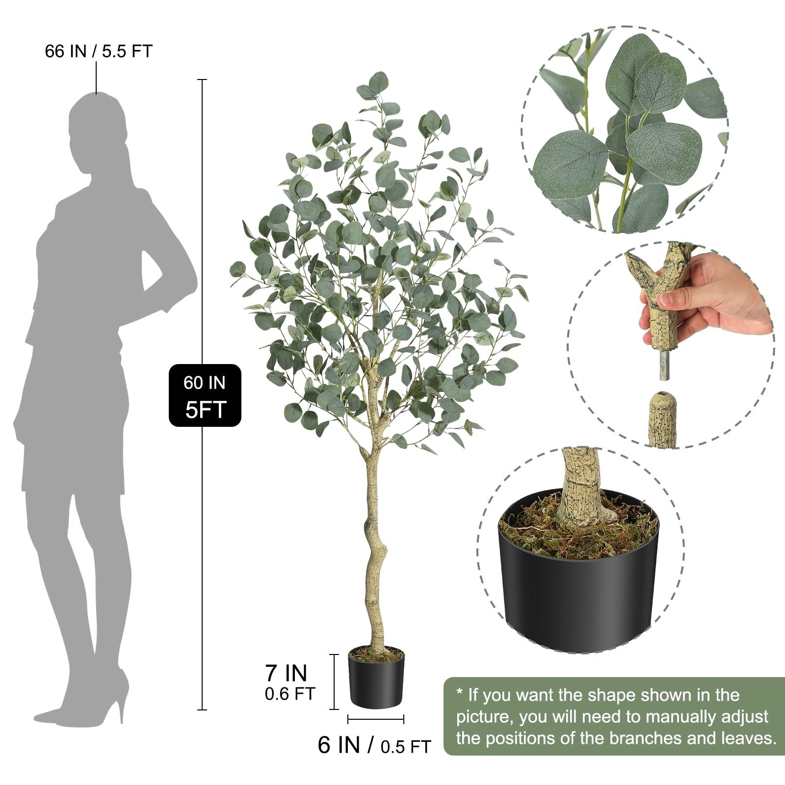 Image of Lifelike Artificial Eucalyptus Potted Tree, Decorative Faux Plant With Realistic Silver Dollar Leaves, Uv Resistant Ornamental Greenery, Elegant Indoor Home And Office Accent, In 4ft And 5ft