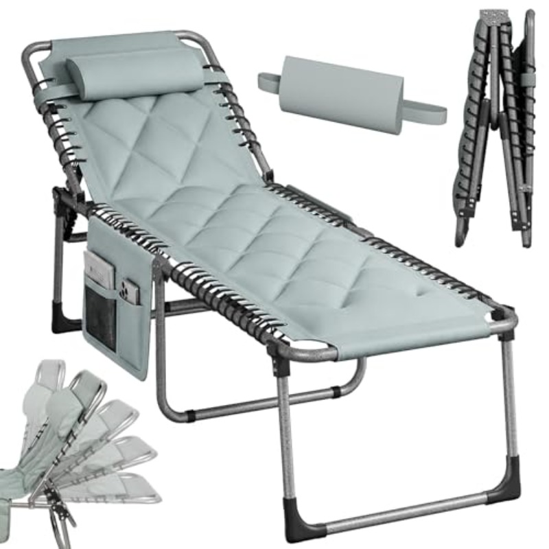Image of Foldable Sun Lounger, Garden Lounger With Adjustable Backrest, Folding Garden Lounger With Pillow And Side Pocket, Load Capacity 150kg, For Balcony, Terrace, Beach Gray