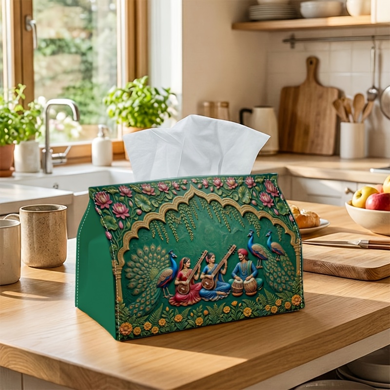 TEMU 1pc Tissue Box Holder With Indian Folk -peacock Musician For Lotus Green, Durable Polyester, Ideal For Kitchen, Living Room, Bedroom, Bathroom,