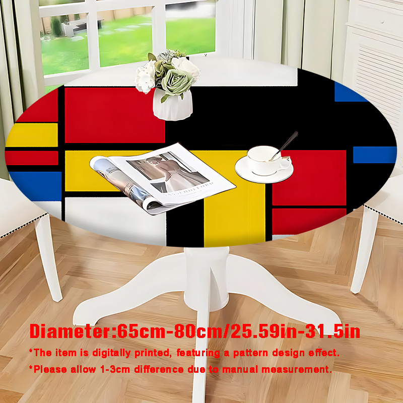 TEMU Jtt 1pc 2d Flat Printing -style Geometric Color Block Pattern 2d Flat Printed Round Elastic Tablecloth, Suitable For Round Dining Tables,