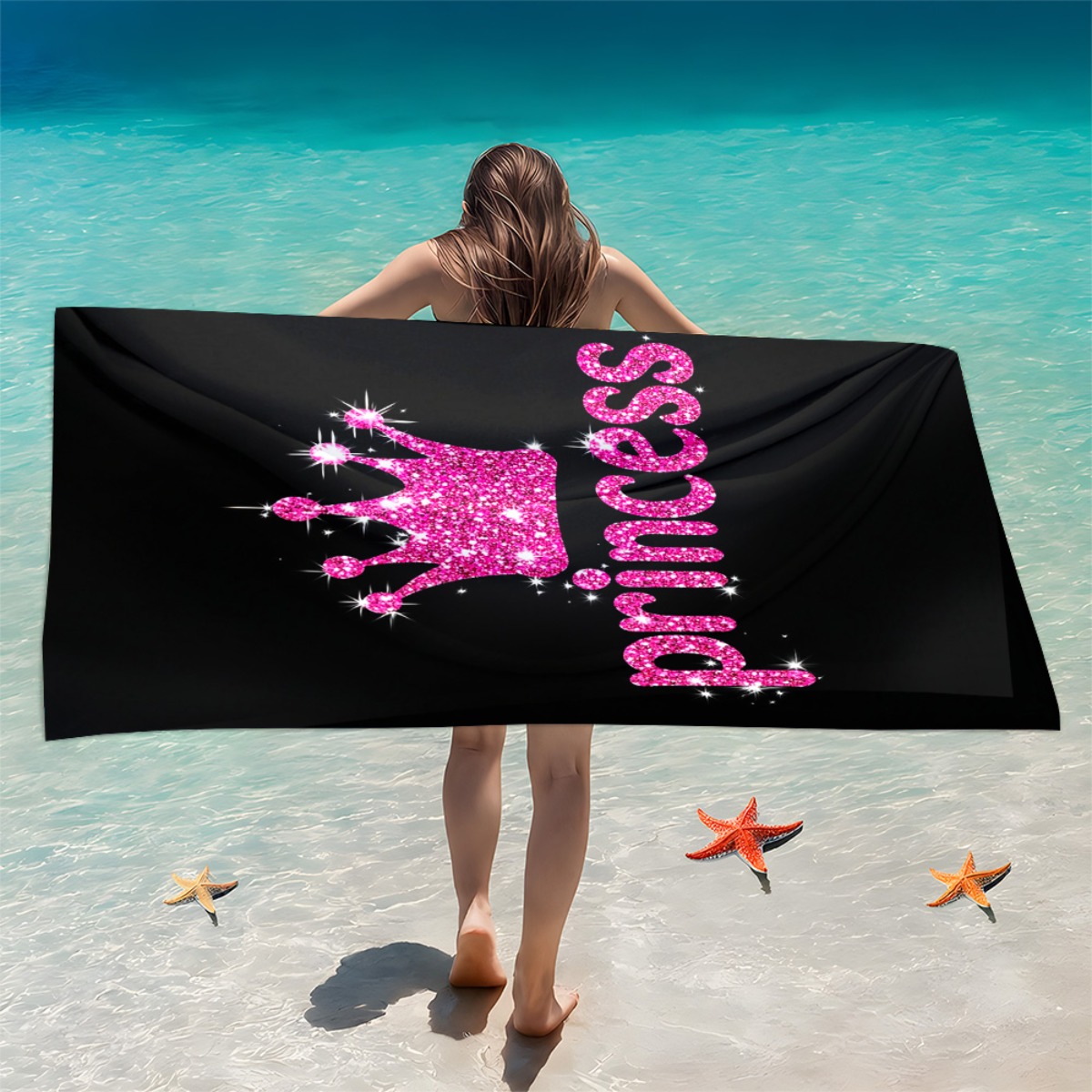 TEMU 1pc Princess Text Design 2d Flat Beach Towel - Soft, Ultra-absorbent Microfiber, Lightweight, Perfect For Beach, Parties, Travel, Camping -