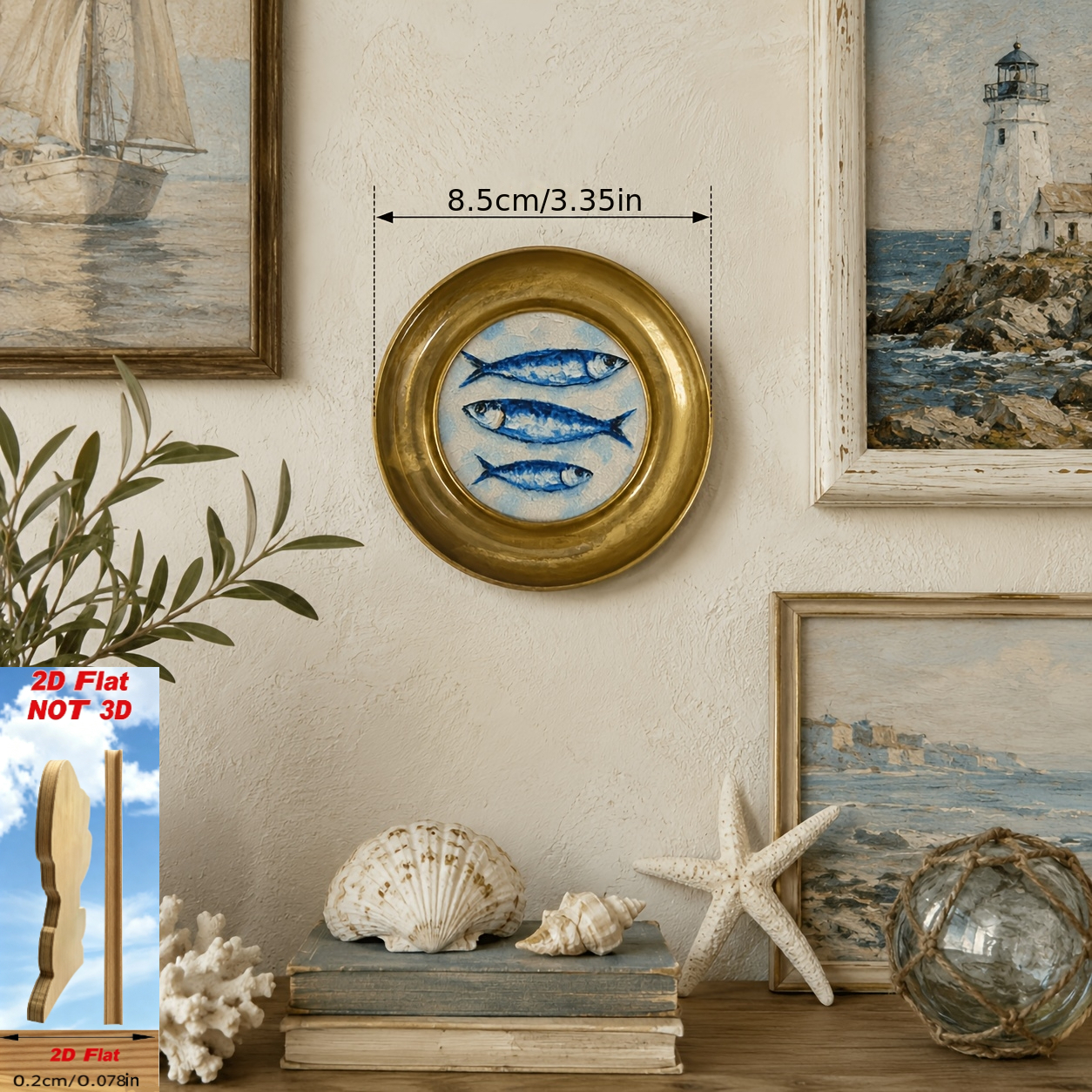 TEMU 2d Flat Vintage Round Blue Fish-shaped Wooden Decor, Mediterranean Hand-painted Fish Print, Tabletop Fireplace Decor