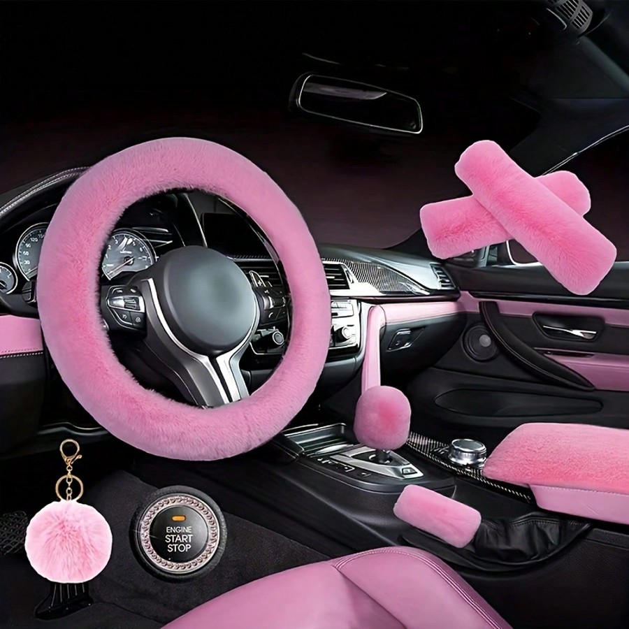 TEMU 8pcs Set Combination Pink Goddess Plush Car Steering Wheel Cover Fur Fluffy Steering Wheel Cover, Purple Car Accesaories