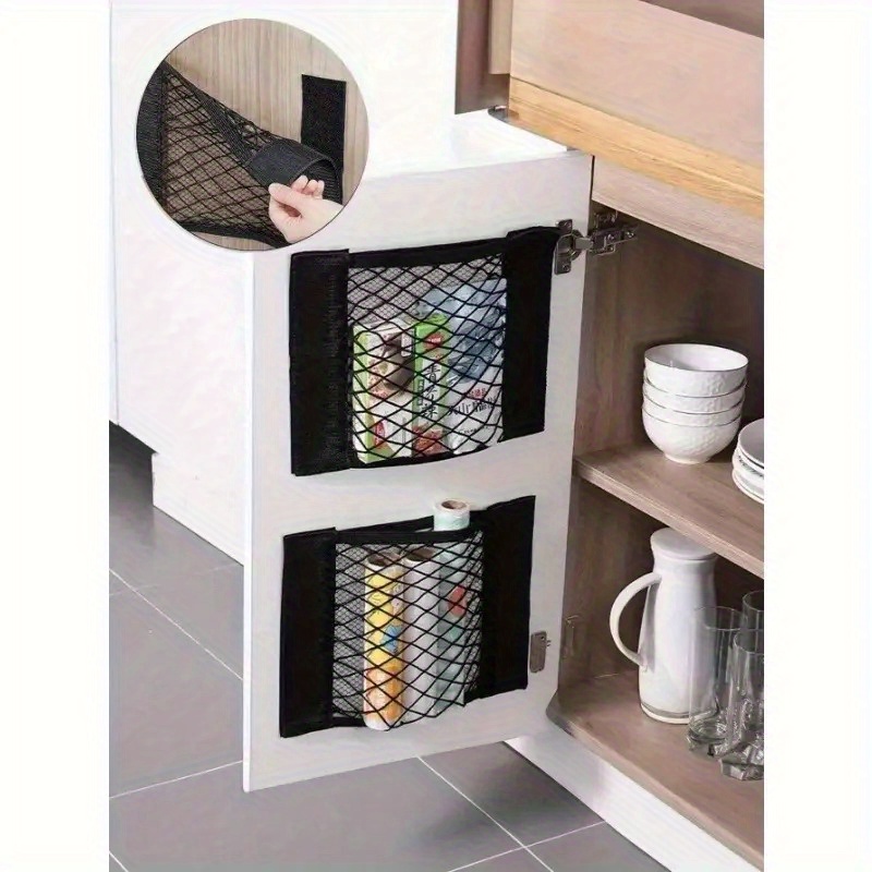 2pcs of   wall mounted storage net bags   to punch holes with strong   backing tape suitable for storing items behind cabinet doors car trunks and under sinks can store garbage bags drinks toys tools wall sticker sto Product details 0