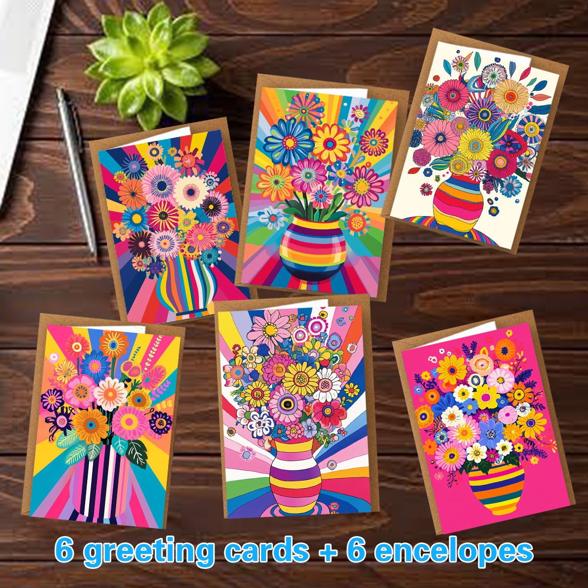 TEMU 1 Set/12pcs/24pcs/48pcs Holiday Greeting Cards, Christmas Cards, Birthday Cards, Valentine's Day Cards - Colorful In Vase, Handwritten Pattern