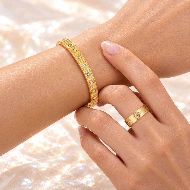 Women's 2pc Adjustable Bangle & Ring Set, Dazzling Zirconia Design