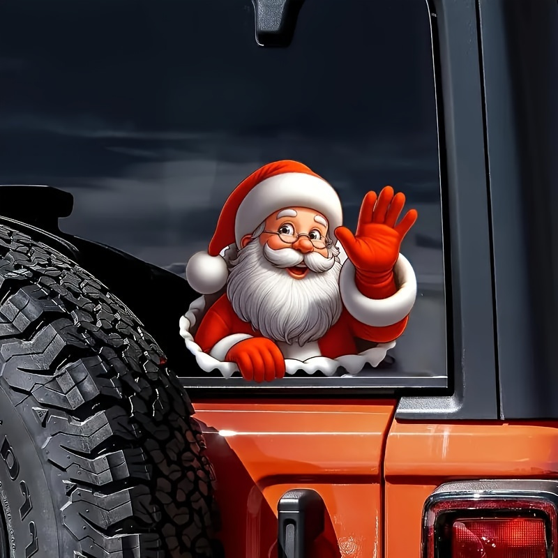 TEMU Santa Claus Self-adhesive Vinyl Decal - Removable Glossy Pe Christmas Car Window Decoration With Iconic Santa Waving, & Stick For Trucks, Suvs,