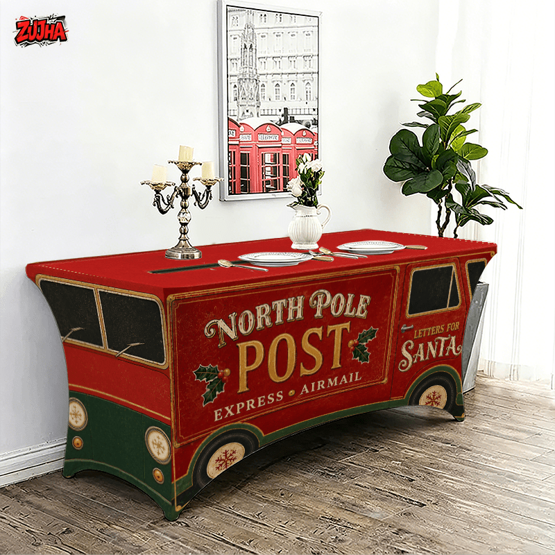 TEMU 1pc Elastic Full Wrap Rectangular Table Cover, North Pole Post Fitted Table Cover For 4/6/8ft Folding Table, Stretch Rectangular Cloth With