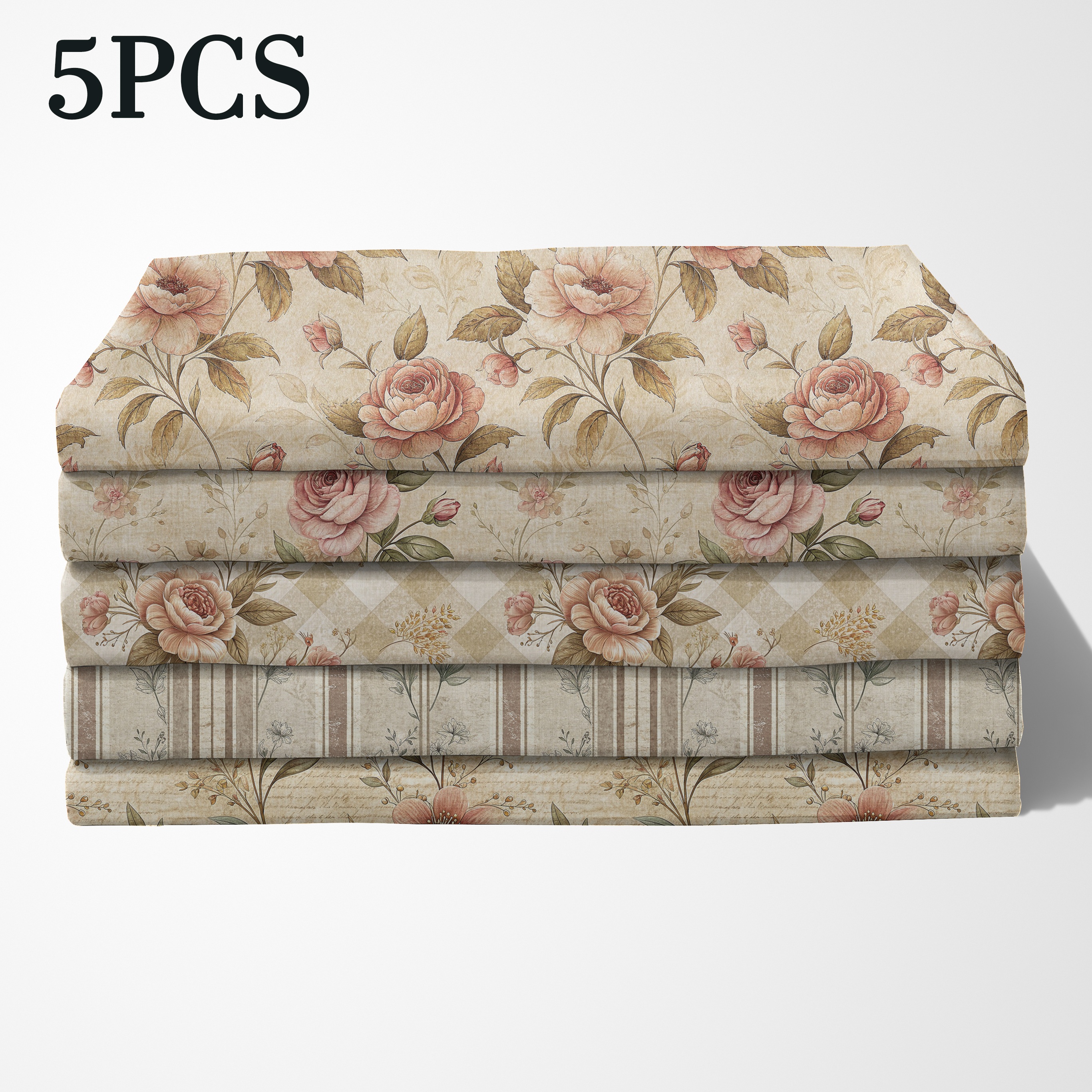 TEMU Lot de 5 panneaux de tissu Fat Quarter - 5 prédécoupés pour patchwork et courtepointe, et beige vieillis vintage avec , à carreaux, branches
