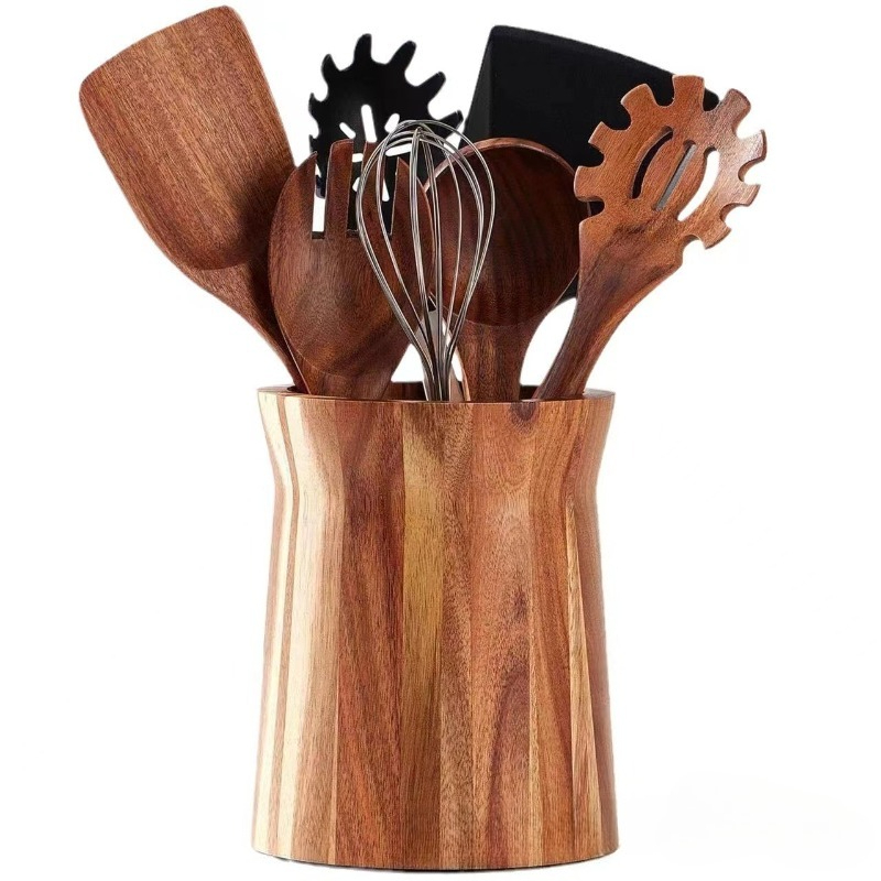 Wood Utensil Holder - Wood Chopstick & Cutlery Organizer with Insert-Style Mount, Space-Saving Countertop/Cabinet Storage, for Asian Utensils, Chopsticks, Spoons & Knives (No Screws/Adhesive)