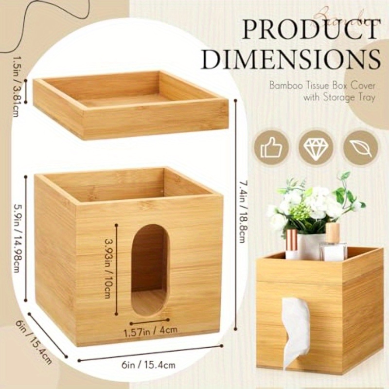 decorative bamboo tissue box cover with a storage tray measuring   x 7 4 inches this square tissue holder is   organizing facial tissues in the bathroom office or bedroom Product details 1