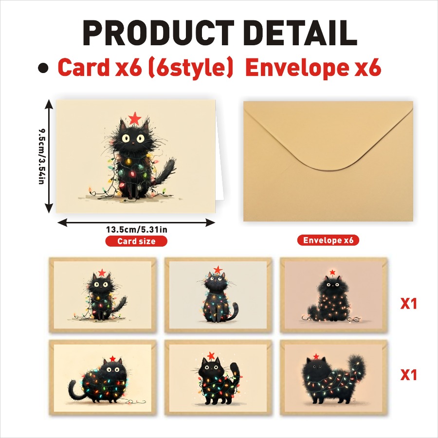TEMU 12pcs(6pcs Cards+6pcs Envelopes) Christmas Cat Greeting Cards, Pumpkin, Pattern Greeting Cards With Envelopes, Folded 9.5*13.5cm/3.54*5.31in,