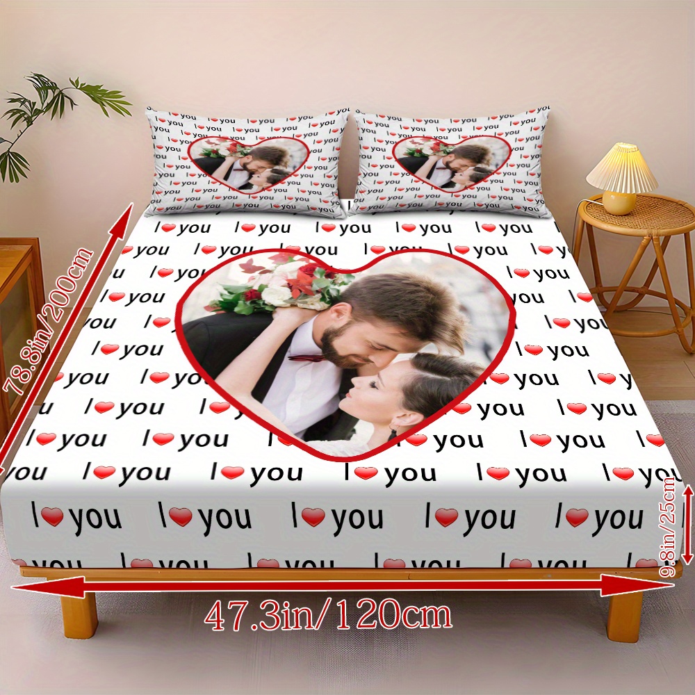 custom 3pcs i love you personalized printed bedding set couple fitted sheet set 1 fitted sheet 2 pillowcases   elegant   breathable light beige friendly bed linens in multiple sizes   decor with comfortable mattress protector Product details 8