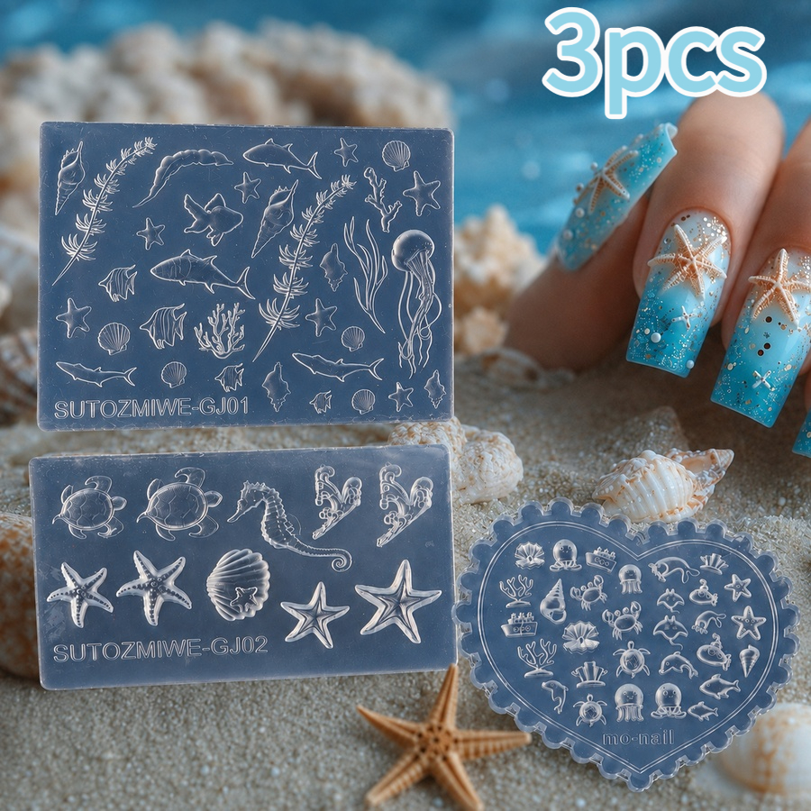TEMU 3pcs 3d Ocean Silicone Nail Molds, Spring Summer Beach Nail Charms Resin Nail Art Molds Starfish Seashells Carving Template For Women Diy Nail