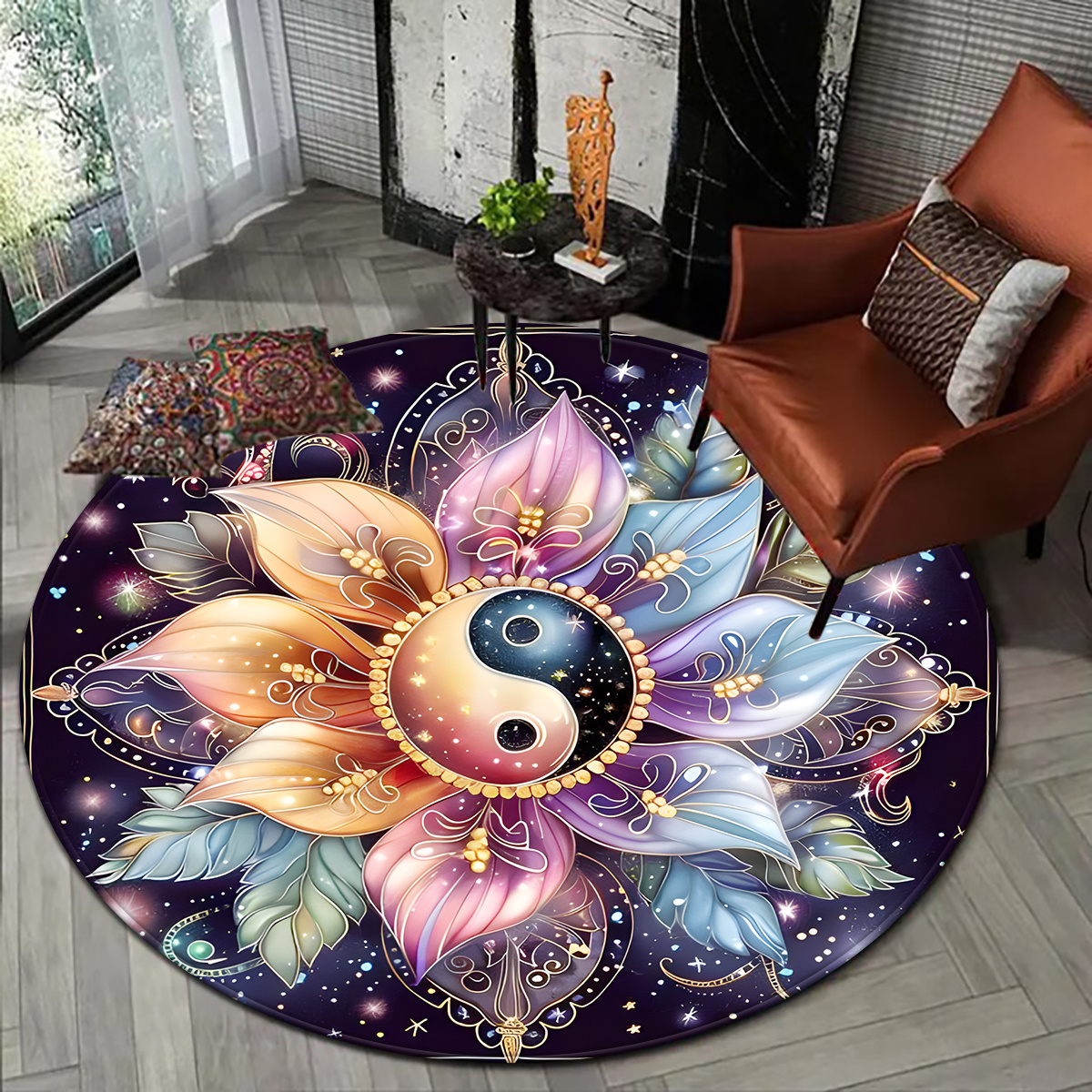 

1pc Tai Chi Yin Yang Colorful Lotus Pattern Round Carpet, 100% Polyester Knit Fabric, Fade Resistant, Non-slip, 1cm Thick, 580gsm, For Bedroom And Living Room Decor