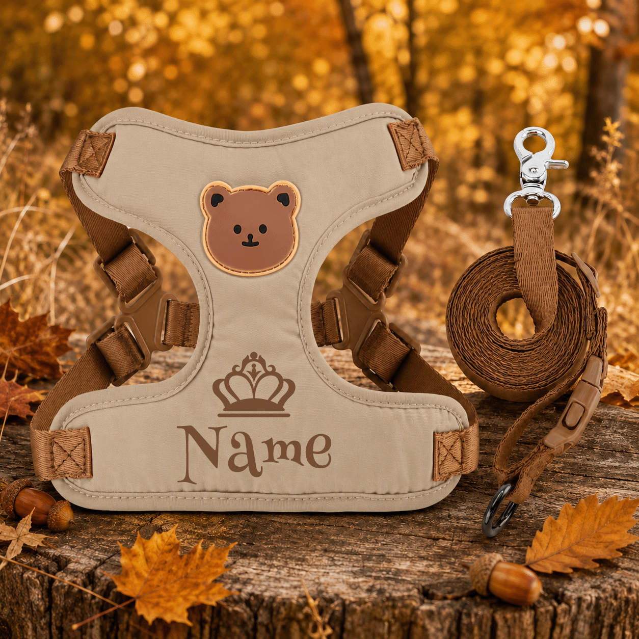 TEMU Autumn Minimalist Pet Harness And Leash Set, Crown Pattern With Custom Name Service, Universal For Cats And Dogs, Countryside Retro Color-