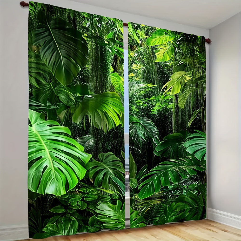 TEMU 2d Flat, 2pcs 2d Flat Print 21.65x59in/55x150cm [ Sheer Curtains] Art Deco Green Leaves And Palm Patterns Sheer Curtains, % Polyester,