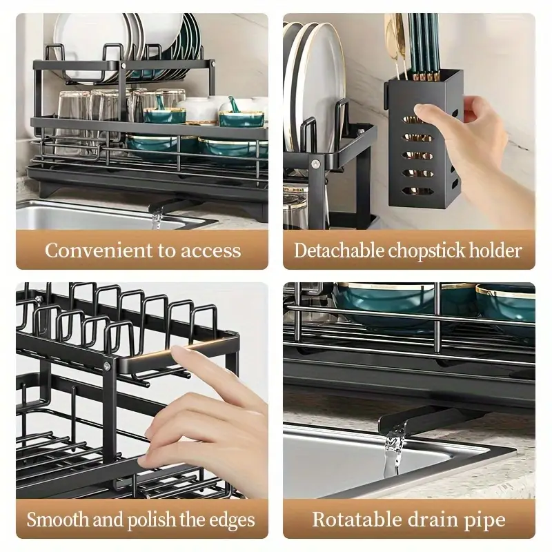 2 tier stainless steel kitchen dish drying rack with drain tray knife holder cutting board stand large capacity auto drainage organizer for bowls plates cups utensils chopsticks utensil holder spacesaving design dish drying rack for kitchen counter utensil storage sleek dish rack material Product details 3
