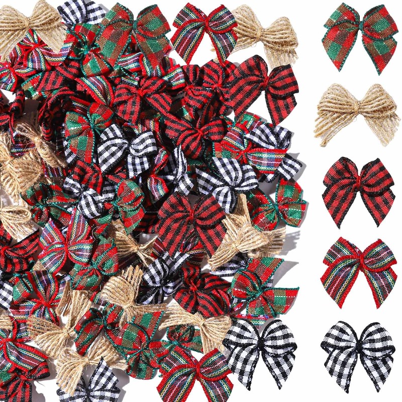 TEMU 100 Mini Nœuds de Noël, Petits Nœuds en Ruban à Carreaux pour l'Artisanat, 1 Pouce de Petits Nœuds en Jute à Carreaux Buffalo pour la Décoration