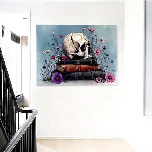 1pc wrapped canvas wall art skull with flowers on minimalist modern art vibrant colors detailed illustration indoor home decor for living room bedroom gift for him dorm room accent decor floral skull design skull home decor