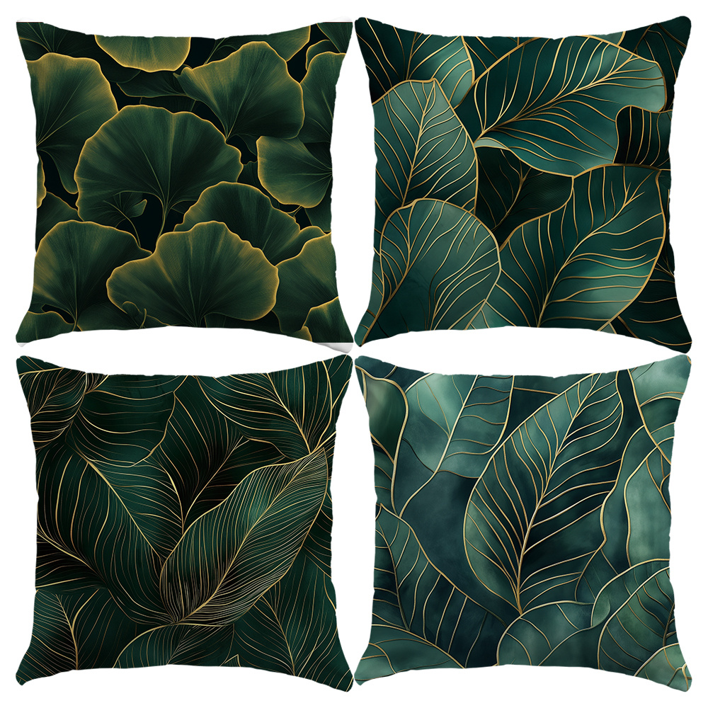 TEMU Set Of 4 Green Polyester Cushion Covers With Golden Edges, Measuring 45*45cm, Suitable For Living Room Sofas And Beds, Perfect For