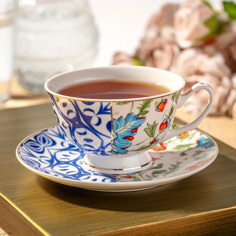 btat set of 6 vintage   floral porcelain tea cups & saucers - 8oz elegant   bone china-style cups with dishwasher safe design, microwave & freezer safe, stackable for space-saving storage - ideal for tea, coffee, home or gifting, coffee drinks,  , durable saucers,    , drinkware set, coffee enthusiasts, gift   Product details 5