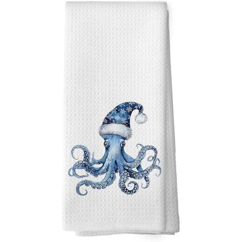 TEMU 1 Christmas Octopus Kitchen Dish Towel, 16x24 Inches, Blue Ocean Christmas Santa Claus Sea Creature Winter, Neighbor Gift, Mom Gift, Birthday