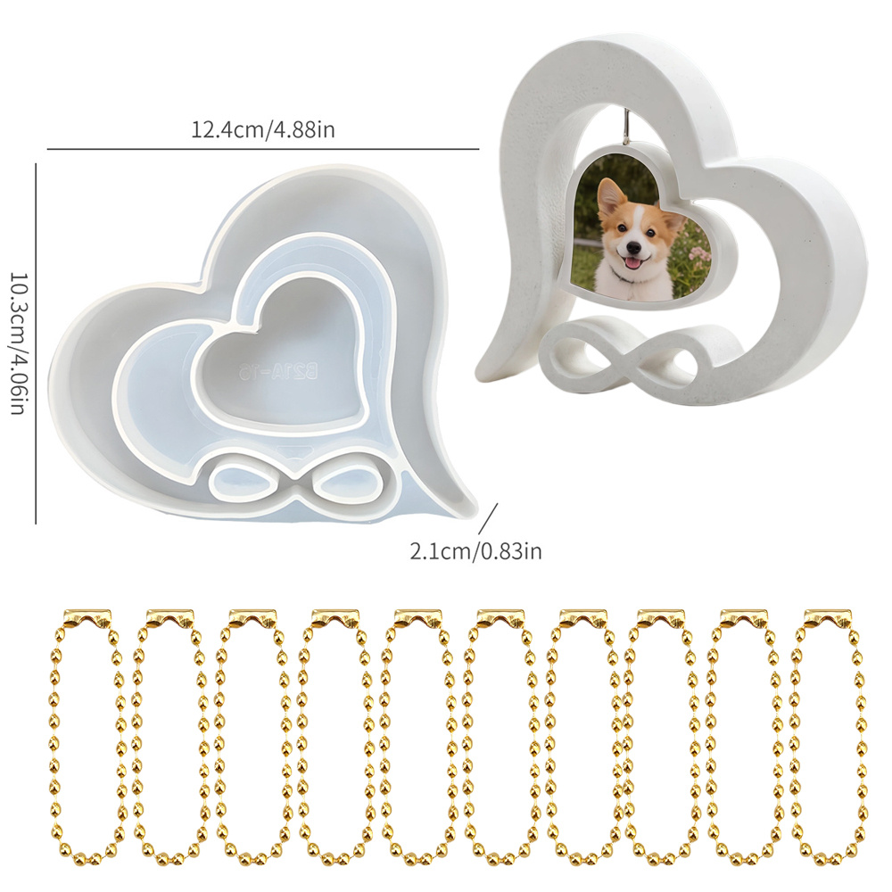 TEMU Heart-shaped Photo Frame Decoration Epoxy Resin Mold With 10 Beads, Interlocking Heart Photo Frame Epoxy Resin Silicone Mold, Home Decoration