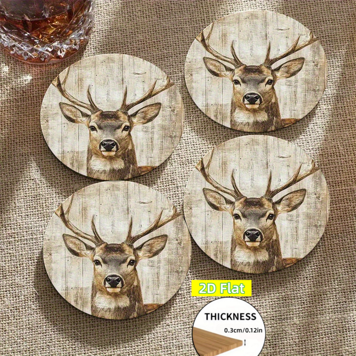 TEMU 2d Flat, 4pcs Set Round Deer Head Pattern Wooden Coasters - Non-slip Mats, Rustic Style Home Office Bar Decor, Christmas Halloween Easter