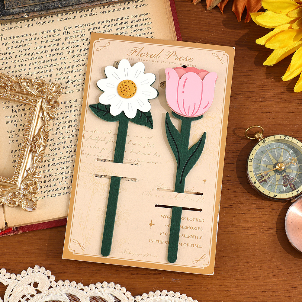 TEMU 2pcs Faux Leather Floral Bookmarks, Page Markers With Daisy Tulip Rose Sunflower Patterns, Decorative Planner Additions, Perfect Gifts For Book