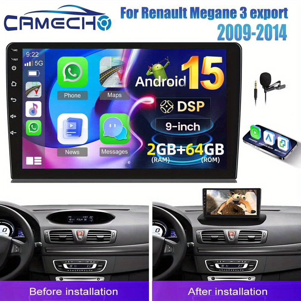 CAMECHO 15.0 DSP Avtoradio za Renault Megane 3 Export 2009-2014 z Brezžičnim Carplay Auto , [2G+64G] 9-palčni HD IPS Zaslon na Dotik Vgrajen G