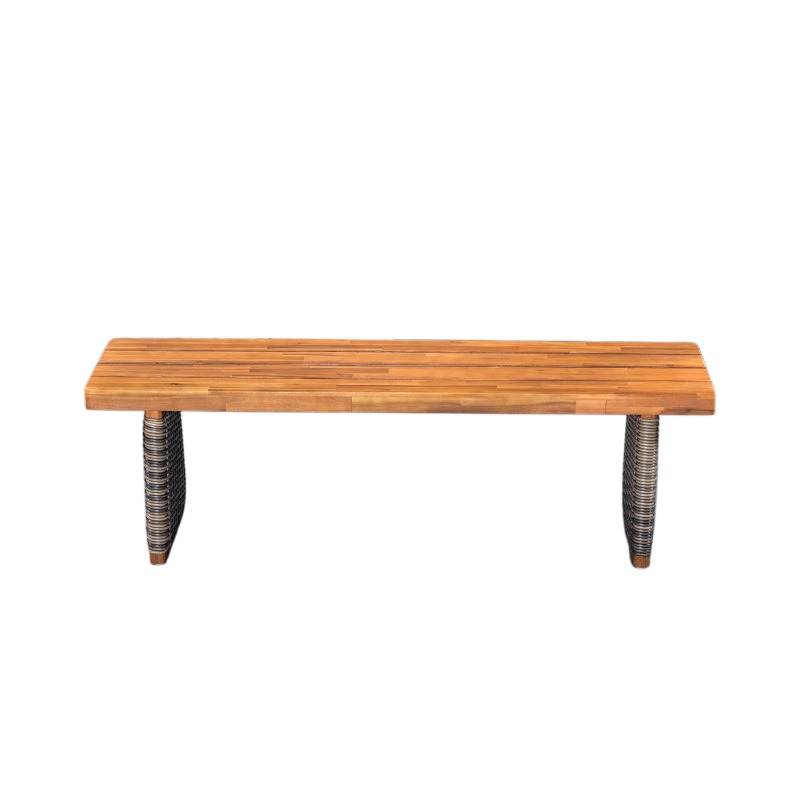 Outdoor 1pc Acacia Wood Bench, Teak Finish+ Grey Wicker