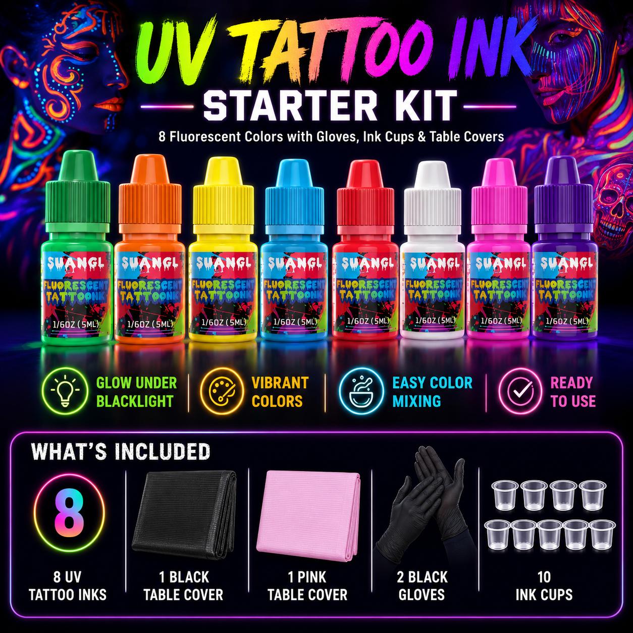 TEMU This 8--in-the-dark Tattoo Ink Set Includes: An Ink Set- Yg8, An Ink Set- Yg8+ 2 Placemats(black And Pink), , A 10- Cup Set, -in-the-dark Tattoo