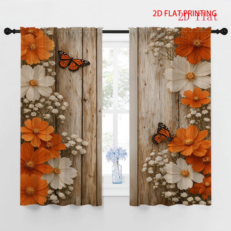 TEMU 2d Flat - 2d Flat - 2d Flat 2 Printed, Orange And White Floral Pattern Curtains, , Privacy Curtains, Blackout Curtains, Modern Easy Style Rod