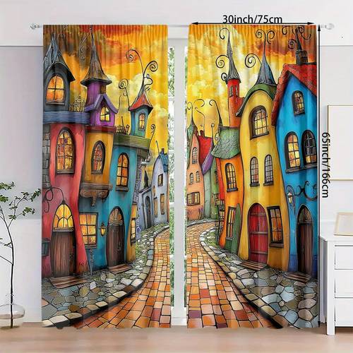 2pcs made of polyester with high definition house pattern printing light filtering curtains suitable for bedroom living room office and home decoration rod suitable for rods