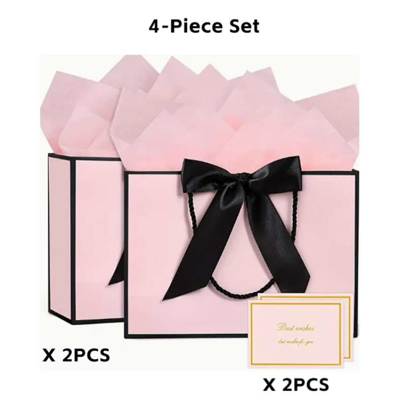 E-shop 4er- oder 8er-Set Komplette Papier-Geschenktüten mit passenden Grußkarten & Schleifen – Elegant – mit Hakenverschluss, geeignet für Hochzeiten,