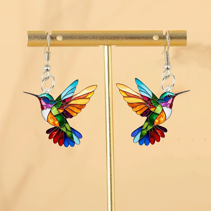 TEMU Vivid Rainbow Hummingbird Dangle Earrings, Stained Hook Earrings, Lightweight Animal Themed Jewelry For