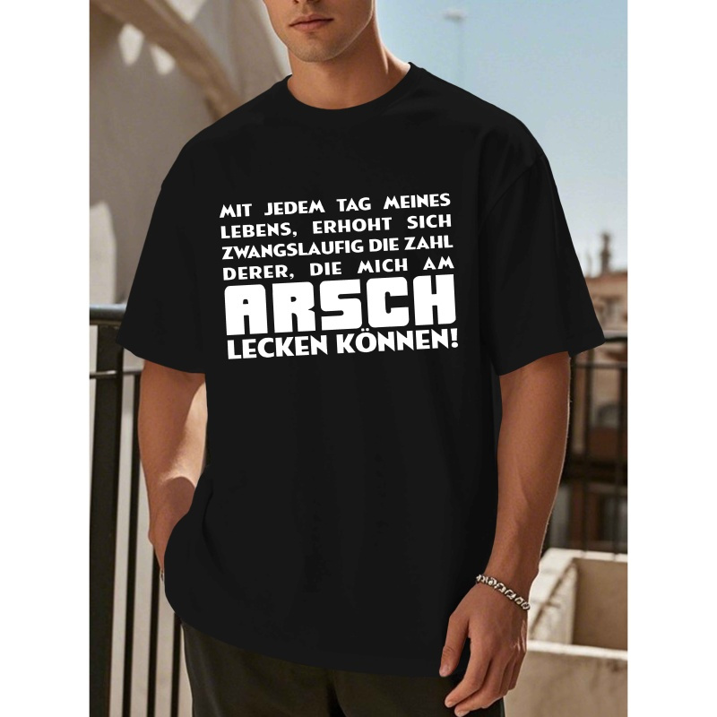 

Men's Royal Blue German Quote T-shirt - Casual Polyester Short Sleeve Top With Geometric Pattern, Machine Washable For Summer