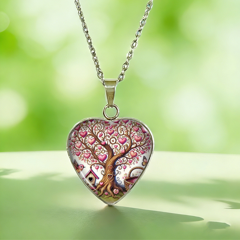 Love Tree & Bird Heart-Shaped Glass Necklace