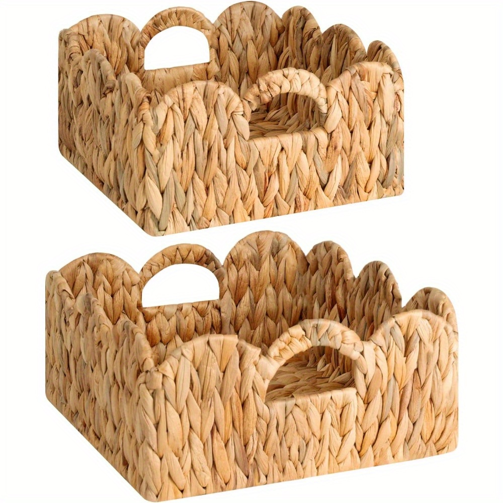 2pcs Set Scalloped Wicker Storage Baskets With Handles, Woven Rattan Basket Set (large And Small), Decorative Shelf Organizer Bins For Bathroom, Living Room, Bedroom, And Closet, Shelf Baskets