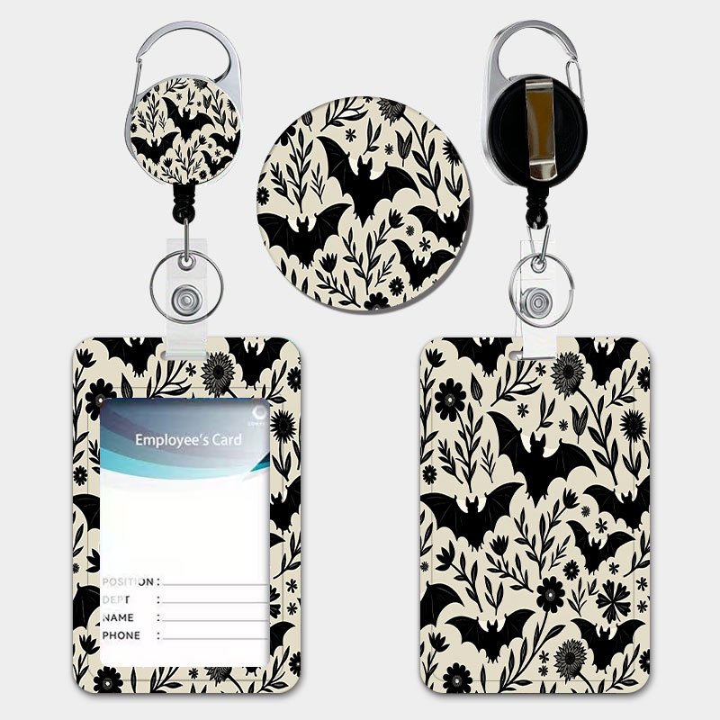 TEMU Porte-carte d'identité noir style minimaliste avec motif chauve-souris et floral pour femmes, avec lanière rétractable à tirette et porte-clés,