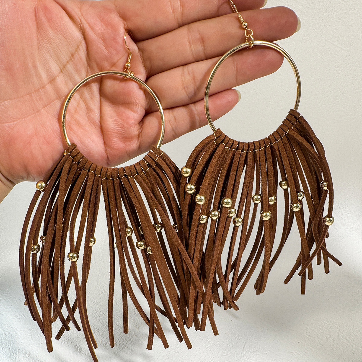 TEMU 1 Paire de Boucles d'Oreilles Créoles Vintage Grandes pour Femme IMOLI - Boucles d'Oreilles Pendantes Rétro Marron à Franges en Corde Fine avec