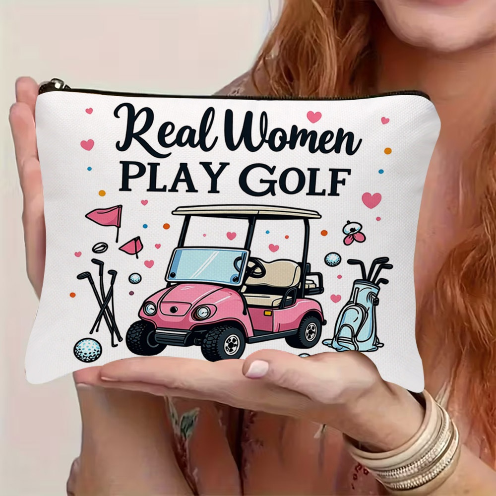 TEMU 1pc 2d Flat Feminine Golf-themed Cosmetic Bag With " " Print, Pink Golf Cart Design, Colorful Golf Elements & Decorative Hearts, Zipper Closure,