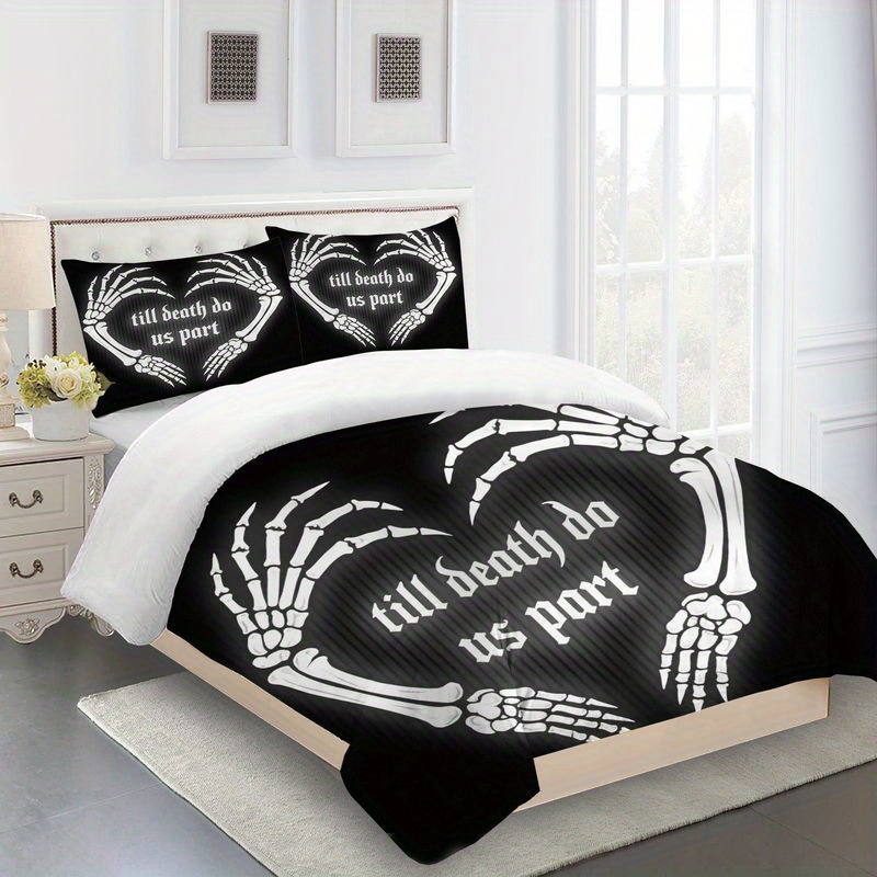 set of 3 gothic skeleton hand heart duvet cover skull bedding with the theme   do us part black and white halloween style bed soft microfiber bedroom decoration perfect romantic gift for couples   1 duvet cover and 2 pillowcases Product details 5