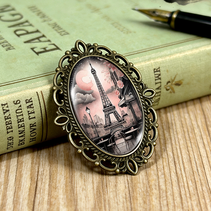 TEMU 1pc Broche Tour Eiffel Paris sous , broches en verre ovales à bordure en dentelle, accessoire de vêtement et de sac à dos, cadeau idéal