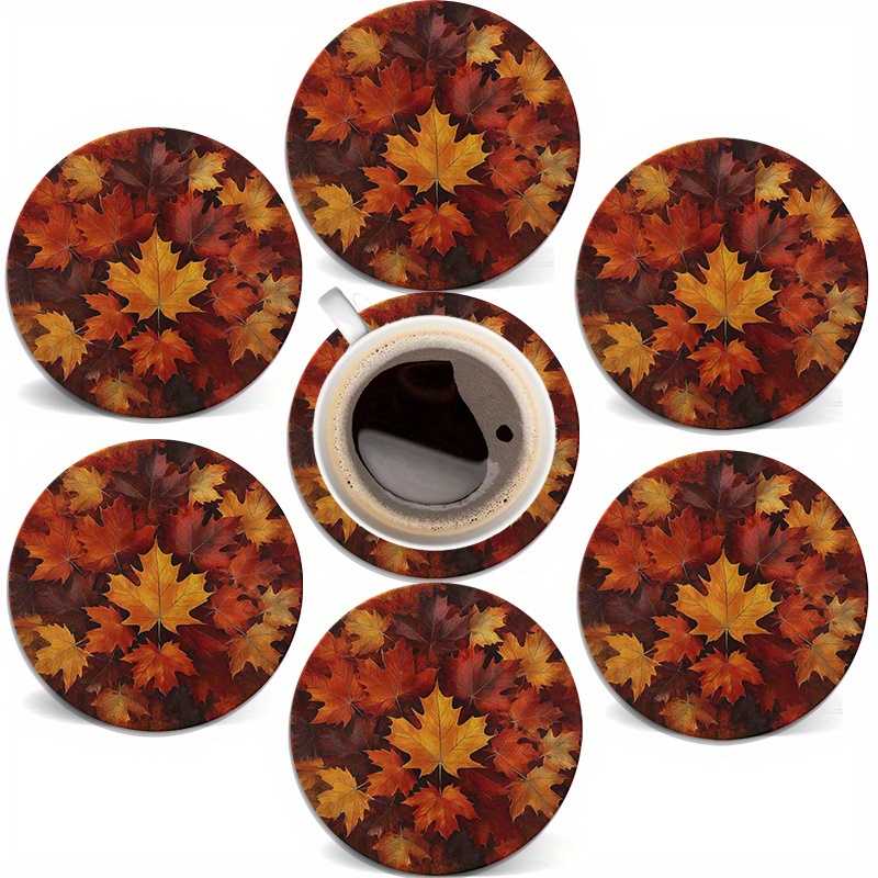 TEMU 6pcs Set Of Round Wooden Coasters, Autumn Thanksgiving Theme - Falling Leaves Pattern Drink Coasters, Suitable For Hot And Cold Cups, Tabletop