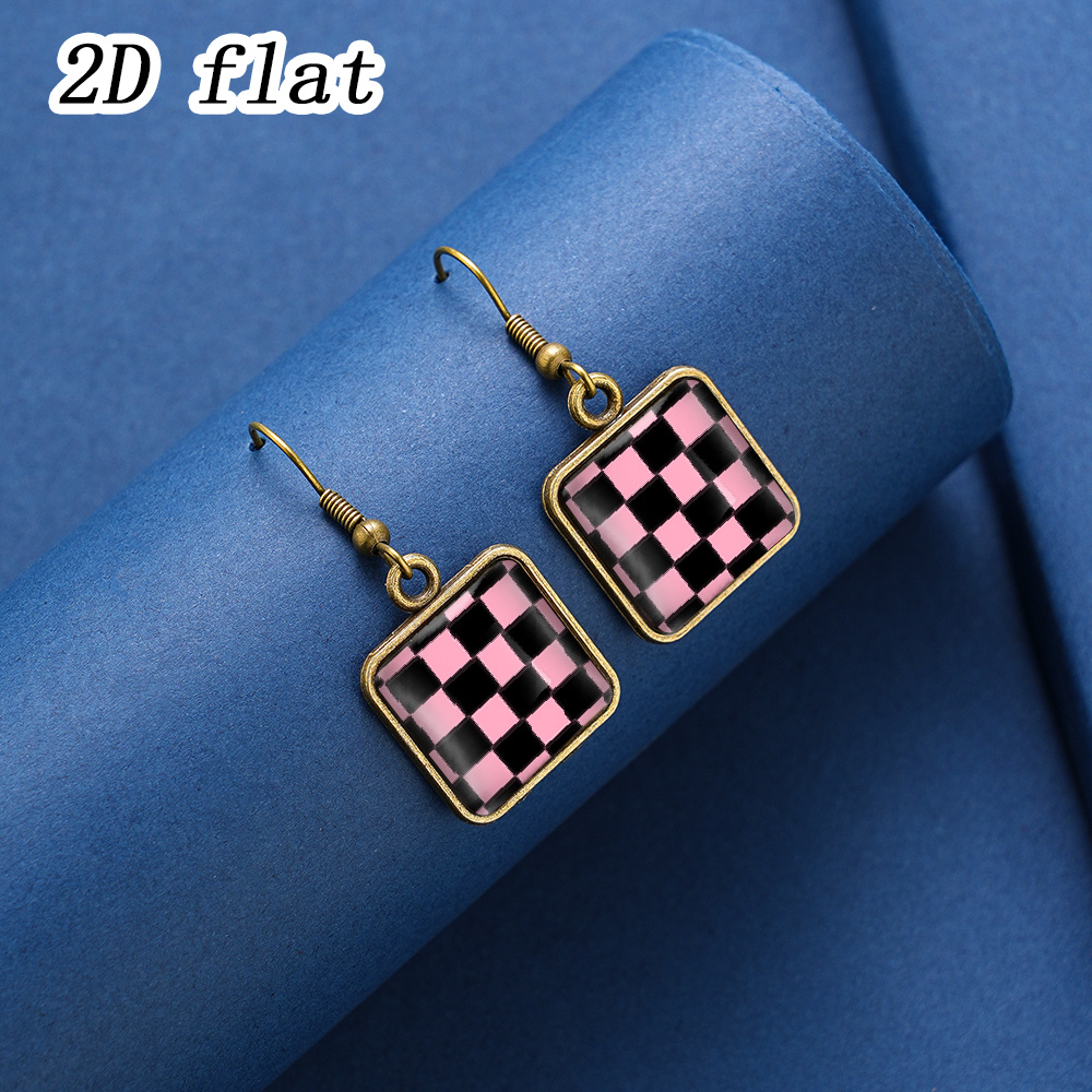 Women's Pink & Black Checkerboard Pattern Earrings, Square Framed