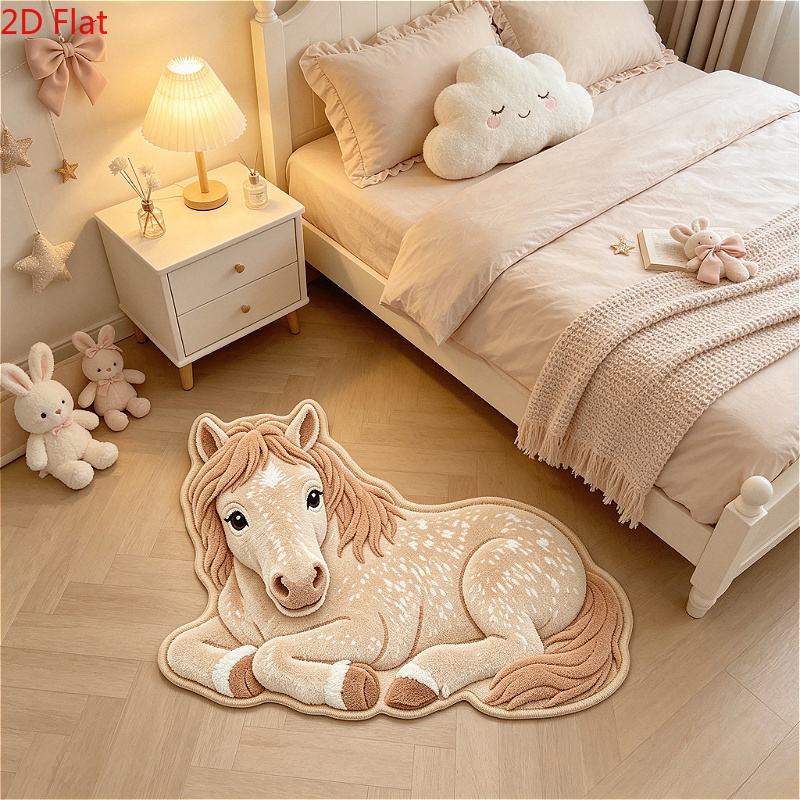 TEMU Samtteppich 900g+9mm 2D flach, niedliches Cartoon-Pony für den Eingangsbereich, unregelmäßig geformter Teppich, Tierteppich für für Wohnzimmer,